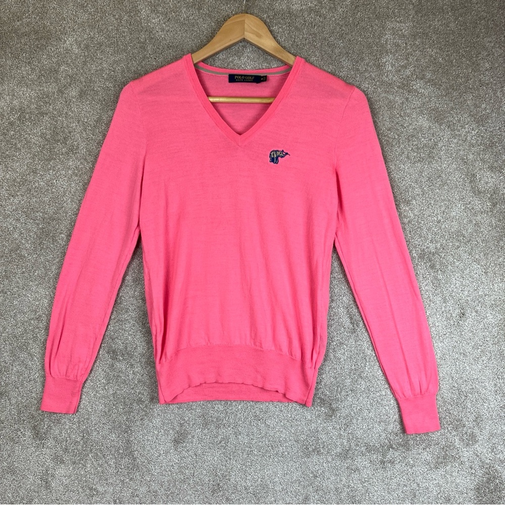 Polo Golf Sweater Womens Medium Pink Merino Wool Pullover V Neck Stretch- 8963*